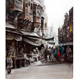 K Mehmood, 24 x 30 Inch, Acrylic and Charcoal on Canvas, Cityscape Painting, AC-KHM-002